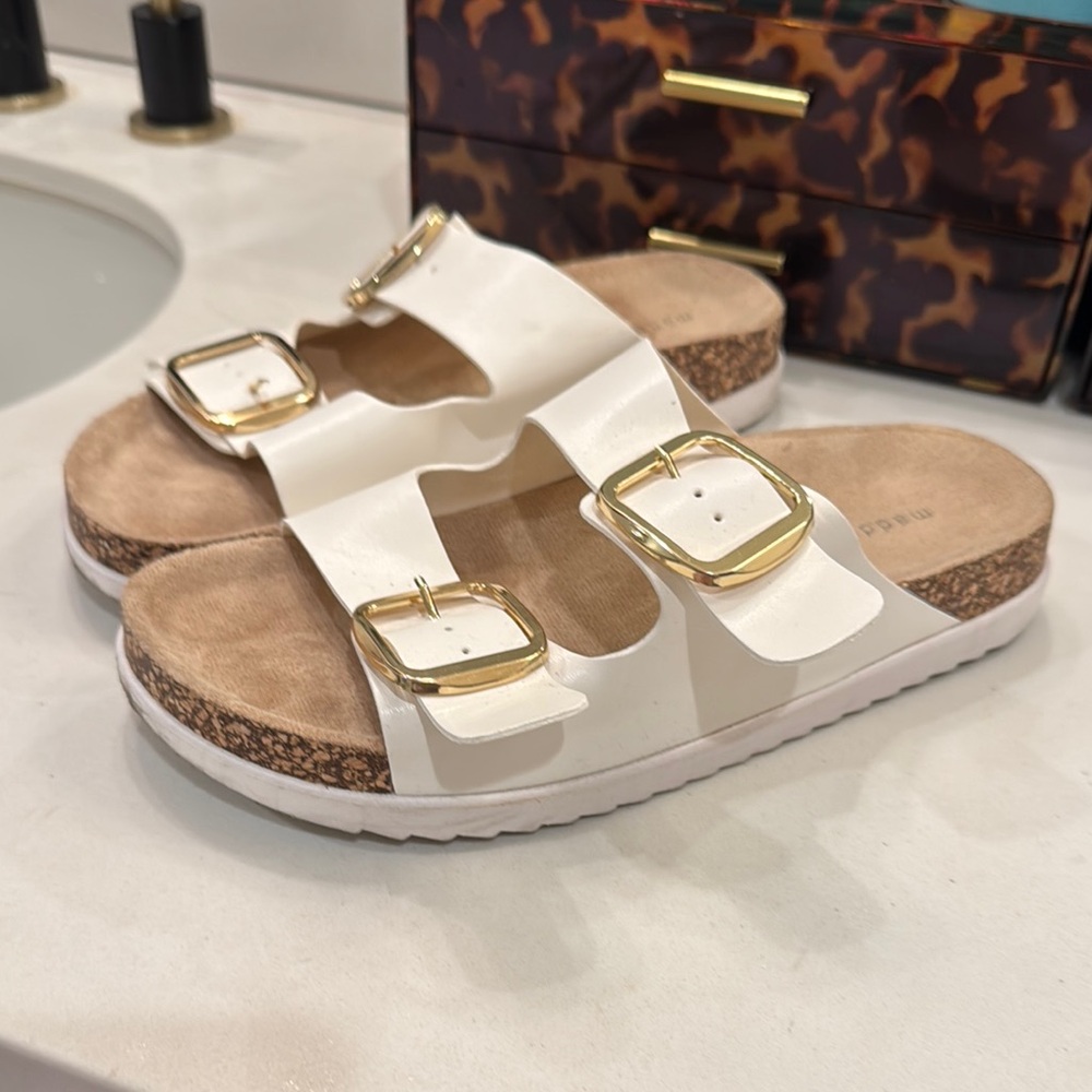 Madden Girl White and Gold Sandals with Cork Footbed